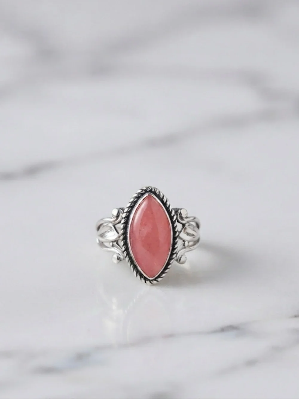 Sterling Silver Marquise Pink Jade Ring